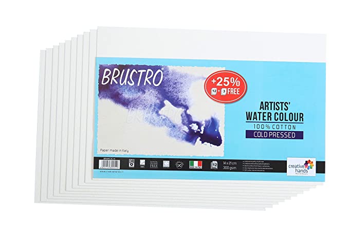 BRUSTRO Artists' Watercolour Paper 300 GSM 14 cm x 21 cm Cold Pressed (Pack of 12 + 3 Free Sheets)