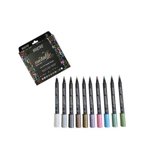BRUSTRO Metallic Brush Pens – Soft Brush Tip for Calligraphy, Hand Lettering, Colouring, Scrapbooking, Card Making – Set of 10 Colours.