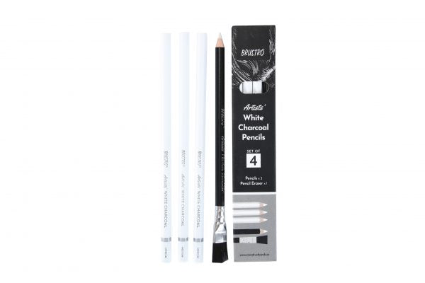 BRUSTRO Artists’ White Charcoal Pencil Set of 3 + 1 Pencil Eraser