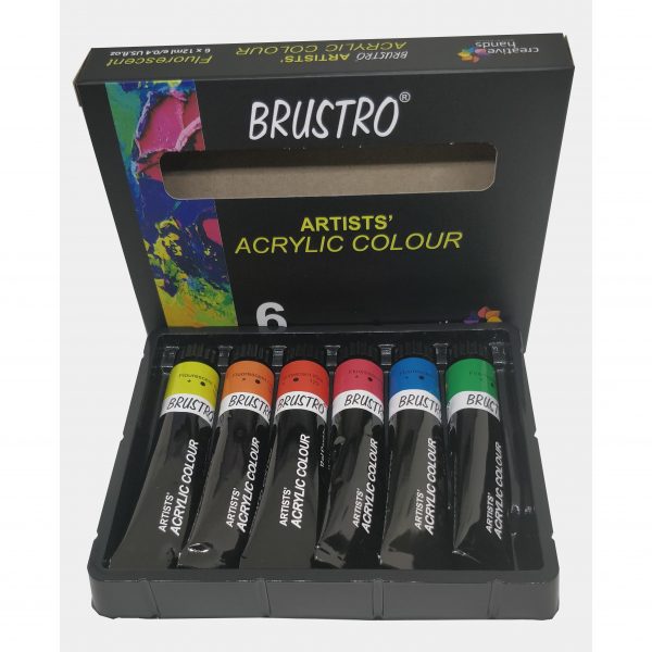 BRUSTRO ARTISTS’ ACRYLIC COLOUR SET OF 6 FLUORESCENT COLOURS X 12ML TUBES