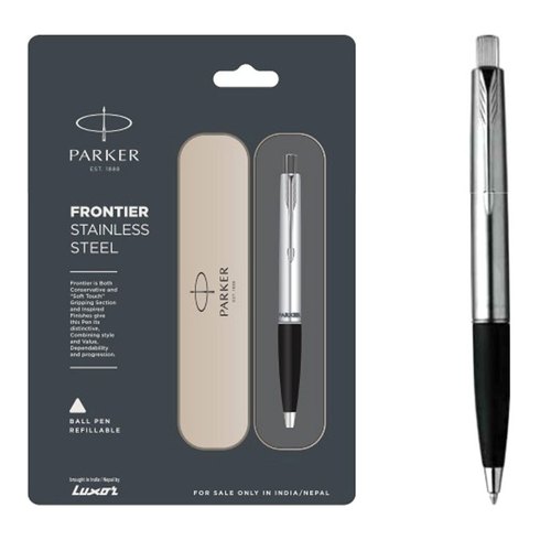 Parker Frontier Stainless Steel Chrome Trim Fine Ballpoint Pen - Steel Box